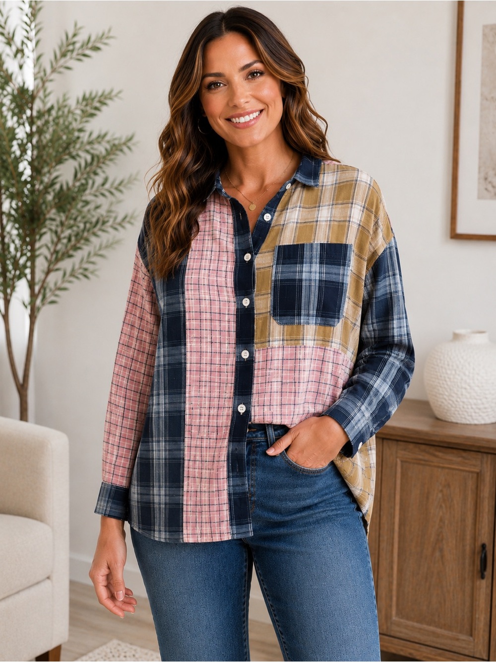 ee:some Patchwork Plaid Button Up Shirt Boho